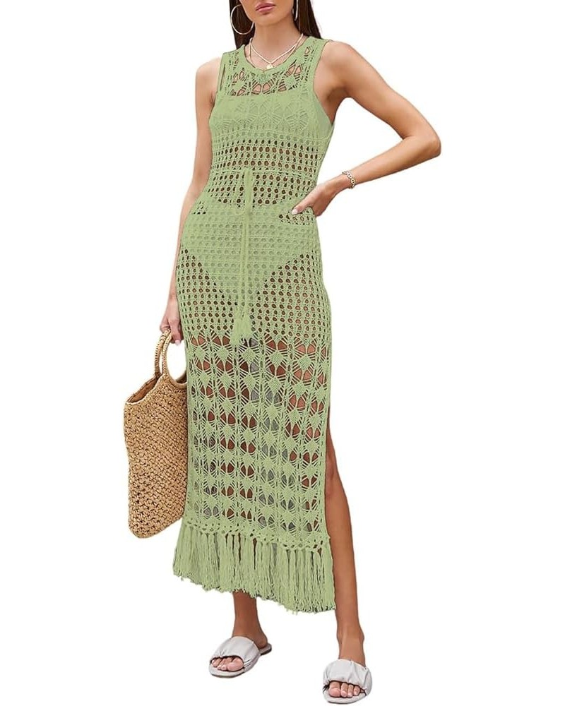 Crochet Cover Ups for Swimwear Women Sleeveless Knit Beach Dress Open Back Bathing Suit Coverup Light Green $14.28 Swimsuits