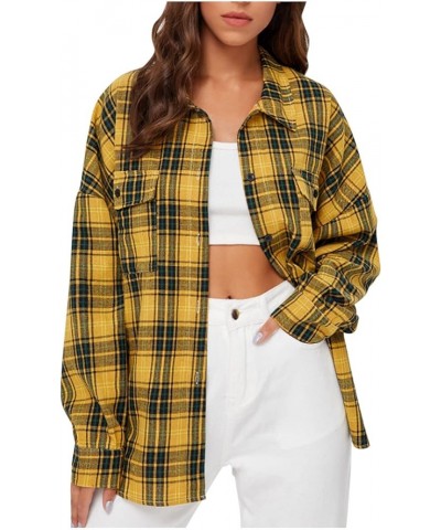 Women Button Down Plaid Shirt Long Sleeve Blouses Teens Plaid Shirts Jacket Outwear Tops Yellow $8.38 Blouses