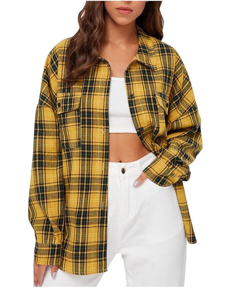 Women Button Down Plaid Shirt Long Sleeve Blouses Teens Plaid Shirts Jacket Outwear Tops Yellow $8.38 Blouses