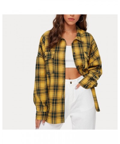 Women Button Down Plaid Shirt Long Sleeve Blouses Teens Plaid Shirts Jacket Outwear Tops Yellow $8.38 Blouses