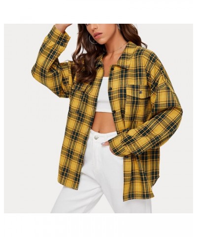 Women Button Down Plaid Shirt Long Sleeve Blouses Teens Plaid Shirts Jacket Outwear Tops Yellow $8.38 Blouses