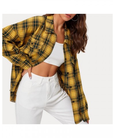 Women Button Down Plaid Shirt Long Sleeve Blouses Teens Plaid Shirts Jacket Outwear Tops Yellow $8.38 Blouses