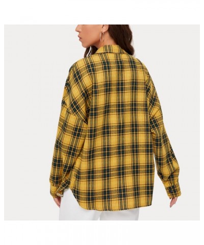 Women Button Down Plaid Shirt Long Sleeve Blouses Teens Plaid Shirts Jacket Outwear Tops Yellow $8.38 Blouses