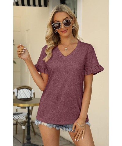 Womens V Neck T Shirts Casual Summer Ruffle Loose Fit Short Sleeve Blouse Tops A04-wine $12.99 Tops