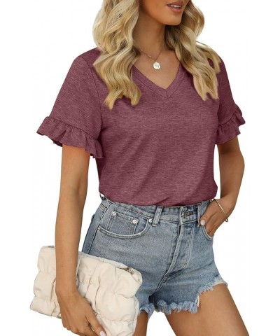 Womens V Neck T Shirts Casual Summer Ruffle Loose Fit Short Sleeve Blouse Tops A04-wine $12.99 Tops