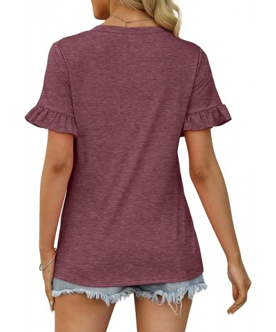 Womens V Neck T Shirts Casual Summer Ruffle Loose Fit Short Sleeve Blouse Tops A04-wine $12.99 Tops