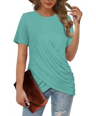 Womens Crewneck Short Sleeve T Shirts Twist Front Tunic Tops Aquamarine $16.34 Tops