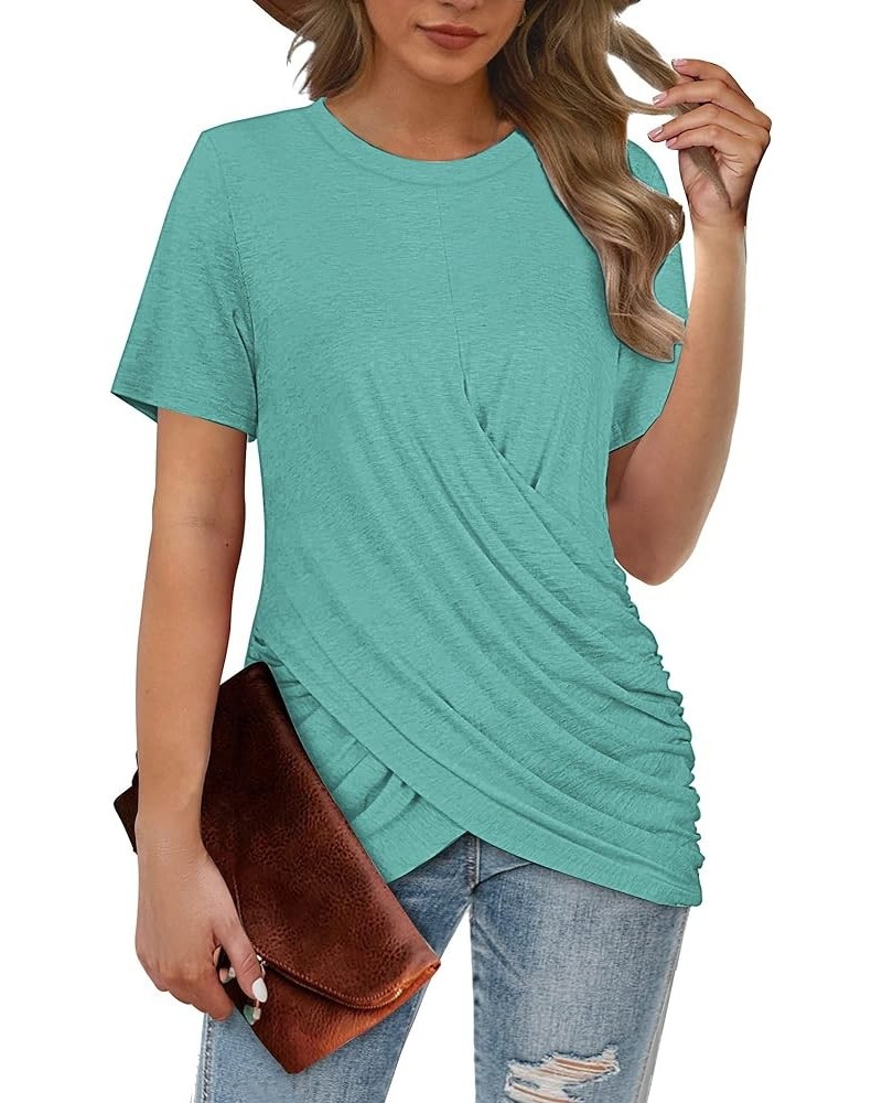 Womens Crewneck Short Sleeve T Shirts Twist Front Tunic Tops Aquamarine $16.34 Tops