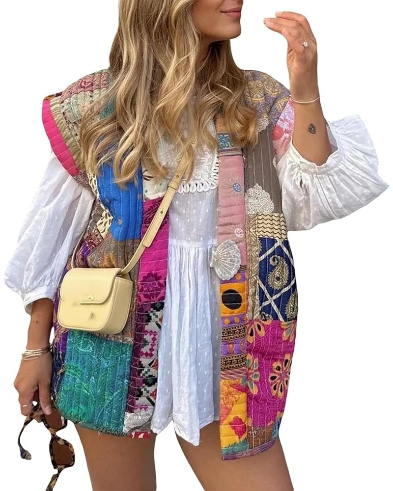 Women Button Down Printed Vest Sleeveless V Neck Floral Print Quilted Cardigan Casual Color Block Open Front Jacket Multi-col...