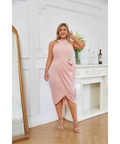 Plus Size Dresses for Curvy Women Halter Neck Sleeveless Wrap Front Ruched Bodycon Dress Party Dress Pink $25.90 Dresses