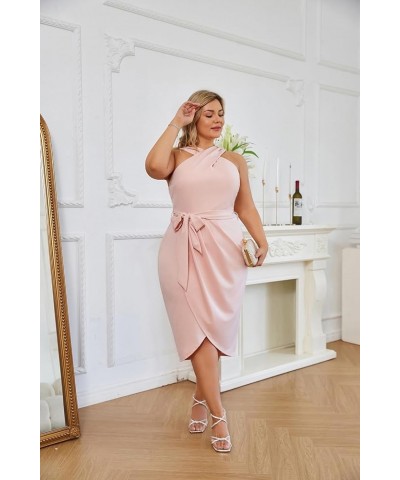 Plus Size Dresses for Curvy Women Halter Neck Sleeveless Wrap Front Ruched Bodycon Dress Party Dress Pink $25.90 Dresses