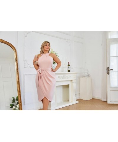 Plus Size Dresses for Curvy Women Halter Neck Sleeveless Wrap Front Ruched Bodycon Dress Party Dress Pink $25.90 Dresses