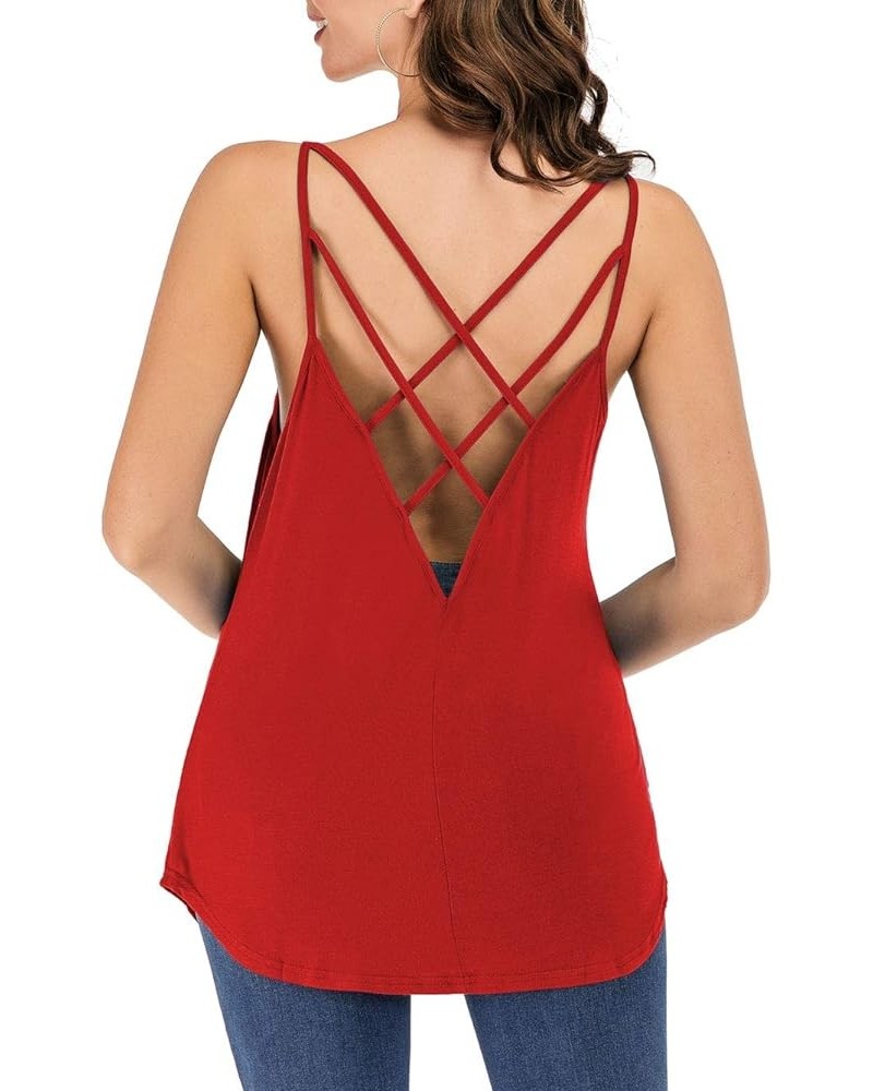 Women's Cute Criss Cross Back Tank Tops Loose Hollow Out Camisole Shirt Red $11.39 Tanks