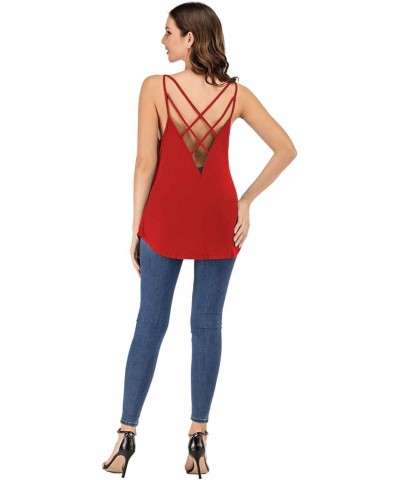 Women's Cute Criss Cross Back Tank Tops Loose Hollow Out Camisole Shirt Red $11.39 Tanks