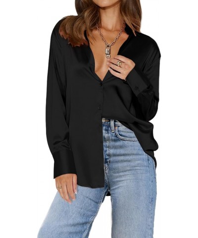 Womens Shirts Satin Silk Blouse Button Down Shirts Long Sleeve Loose Blouses Shirts Business Casual Tops Black $9.89 Blouses