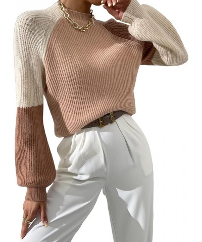 Women's Color Block Mock Neck Sweater Bishop Long Sleeve Casual Pullovers Jumper Top Multicolor $10.35 Sweaters