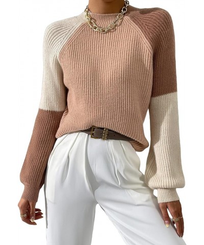 Women's Color Block Mock Neck Sweater Bishop Long Sleeve Casual Pullovers Jumper Top Multicolor $10.35 Sweaters