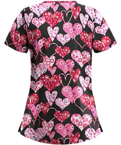 Women's Scrub Tops Cute Animal Print Short Sleeve V Neck Shirts Anti Wrinkle Nursing Uniform Tops with Pockets 02-red $8.61 Tops