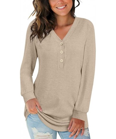 Womens Button Up T-Shirts Long Sleeve Henley Tunic Tops V-Neck Casual Sweatshirt Three Buttons Beige $14.39 Tops