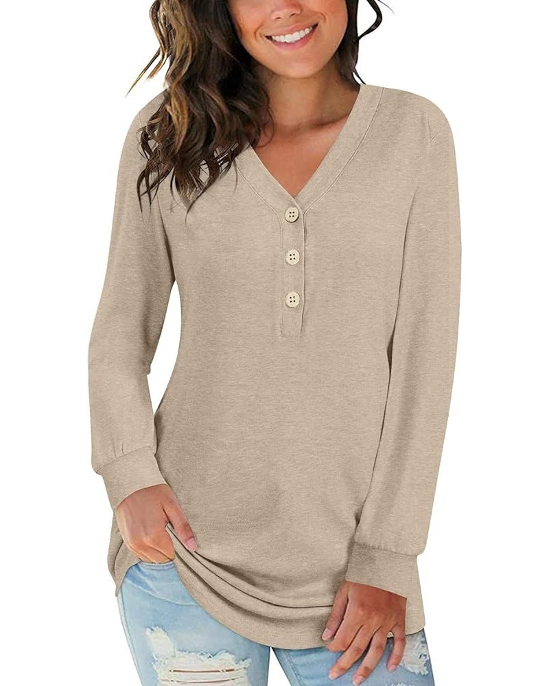 Womens Button Up T-Shirts Long Sleeve Henley Tunic Tops V-Neck Casual Sweatshirt Three Buttons Beige $14.39 Tops