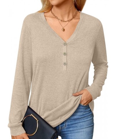 Womens Button Up T-Shirts Long Sleeve Henley Tunic Tops V-Neck Casual Sweatshirt Three Buttons Beige $14.39 Tops