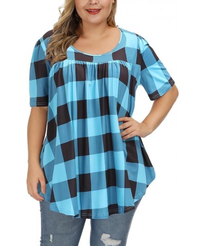 Women Plus Size Tops Summer Short Sleeve Loose Fit Dressy T Shirts P154 Checkered Blue $13.33 T-Shirts