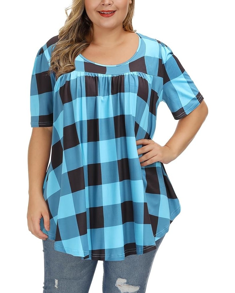 Women Plus Size Tops Summer Short Sleeve Loose Fit Dressy T Shirts P154 Checkered Blue $13.33 T-Shirts