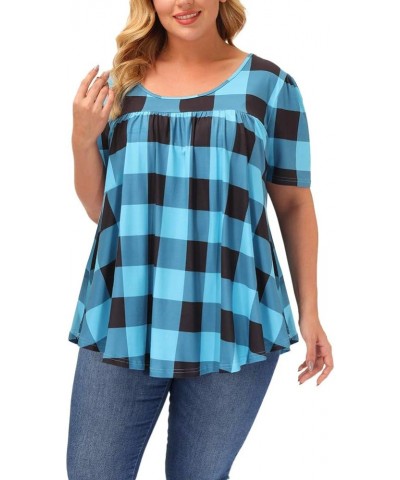 Women Plus Size Tops Summer Short Sleeve Loose Fit Dressy T Shirts P154 Checkered Blue $13.33 T-Shirts