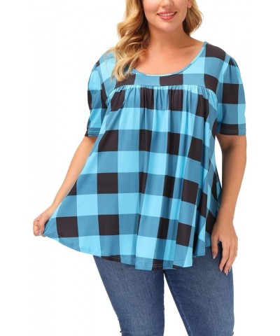 Women Plus Size Tops Summer Short Sleeve Loose Fit Dressy T Shirts P154 Checkered Blue $13.33 T-Shirts