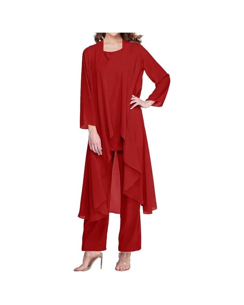 3 Pieces Mother of The Bride Dress Pant Suits Chiffon Evening Formal Dress with Jacket Wedding Guest Dress Red $38.03 Suits