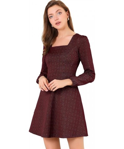 Women's Fall Vintage Square Neck Long Sleeve Plaid Dress Red-gold $21.60 Dresses