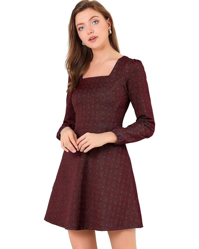 Women's Fall Vintage Square Neck Long Sleeve Plaid Dress Red-gold $21.60 Dresses