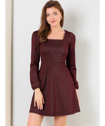 Women's Fall Vintage Square Neck Long Sleeve Plaid Dress Red-gold $21.60 Dresses