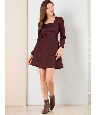 Women's Fall Vintage Square Neck Long Sleeve Plaid Dress Red-gold $21.60 Dresses