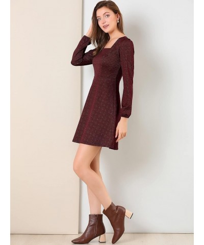 Women's Fall Vintage Square Neck Long Sleeve Plaid Dress Red-gold $21.60 Dresses