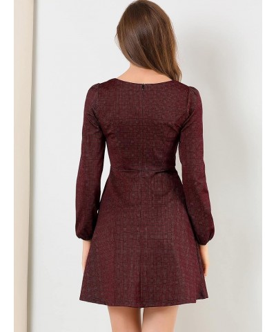 Women's Fall Vintage Square Neck Long Sleeve Plaid Dress Red-gold $21.60 Dresses