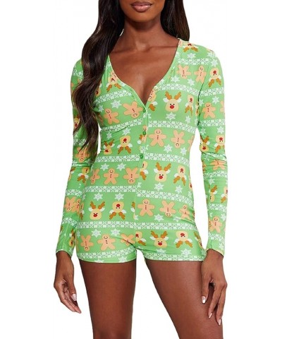 Women Christmas Short Onesie Pajamas V Neck Long Sleeve Bodycon Bodysuit Xmas One Piece Romper Jumpsuits Overall One Piece Ro...