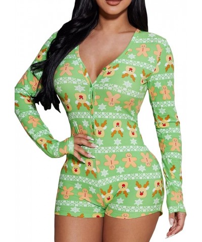 Women Christmas Short Onesie Pajamas V Neck Long Sleeve Bodycon Bodysuit Xmas One Piece Romper Jumpsuits Overall One Piece Ro...