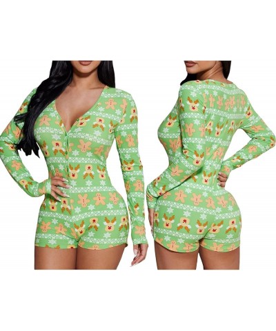 Women Christmas Short Onesie Pajamas V Neck Long Sleeve Bodycon Bodysuit Xmas One Piece Romper Jumpsuits Overall One Piece Ro...