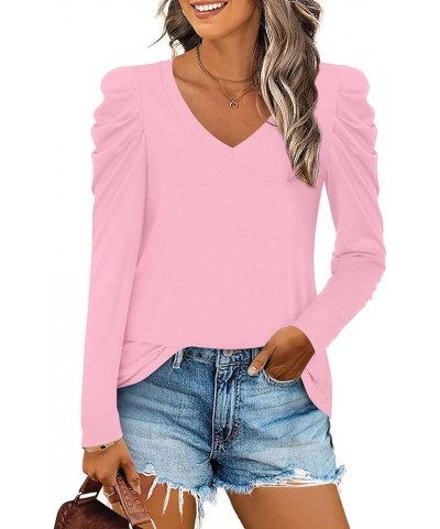 Women's Long Puff Sleeve V-Neck Tunic Tops Casual T-shirt Basic Blouse Loose Tee For Legging Pink Red $15.39 Tops