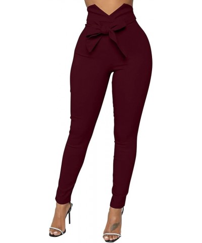 Women's Casual High Waist Stretch Trousers Solid Pencil Pants with Tie Winered $14.26 Pants