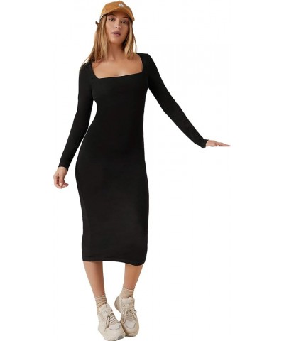 Women's Basic Square Neck Long Sleeve Bodycon Pencil Dress Black $16.81 Dresses