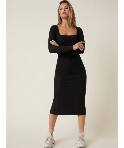 Women's Basic Square Neck Long Sleeve Bodycon Pencil Dress Black $16.81 Dresses