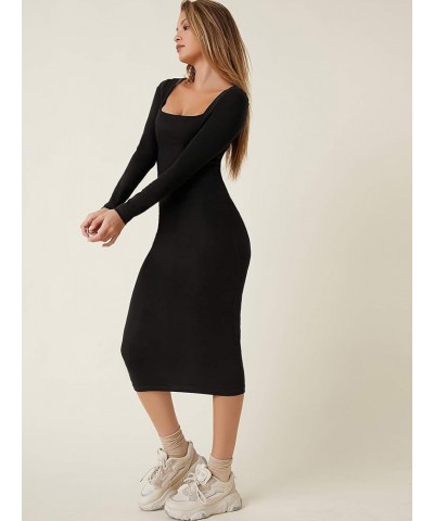 Women's Basic Square Neck Long Sleeve Bodycon Pencil Dress Black $16.81 Dresses