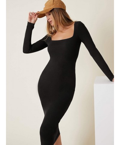 Women's Basic Square Neck Long Sleeve Bodycon Pencil Dress Black $16.81 Dresses