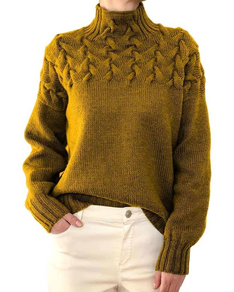 Womens Turtleneck Long Sleeve Solid Comfy Cable Knit Sweater 2023 Fall Winter Casual Loose Jumper Tops for Women 10dark Yello...