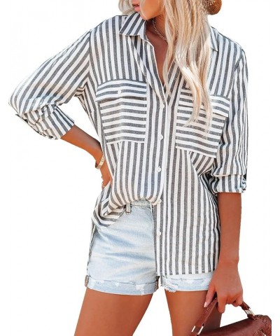 Women's Fall Cotton Long Sleeves Roll Up Striped Casual V Neck Button Down Shirts Blouses Black2 $16.95 Blouses