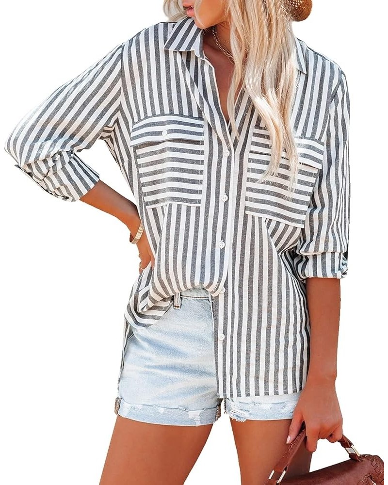 Women's Fall Cotton Long Sleeves Roll Up Striped Casual V Neck Button Down Shirts Blouses Black2 $16.95 Blouses