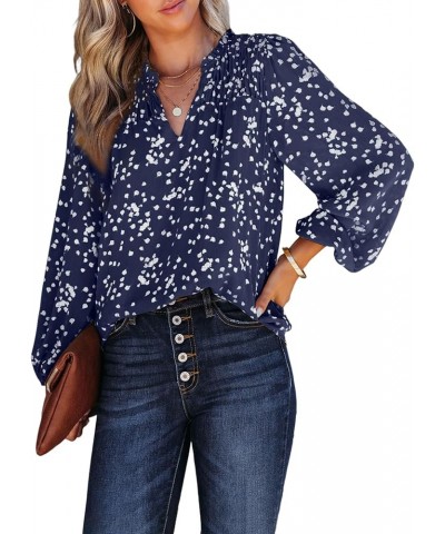 Womens Floral Dressy Tops 2023 Fall Long Sleeve Chiffon Shirts V Neck Boho Blouses Smocked Business Tunic Dark Blue $15.98 Bl...