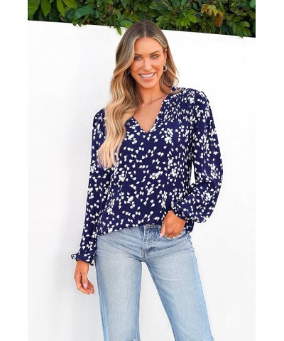 Womens Floral Dressy Tops 2023 Fall Long Sleeve Chiffon Shirts V Neck Boho Blouses Smocked Business Tunic Dark Blue $15.98 Bl...